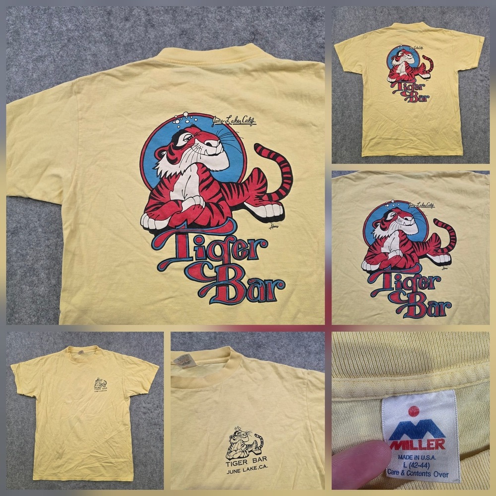 Vintage Tiger Bar June Lake‎ CA T Shirt Mens Large Graphic Yellow Miller USA 80s